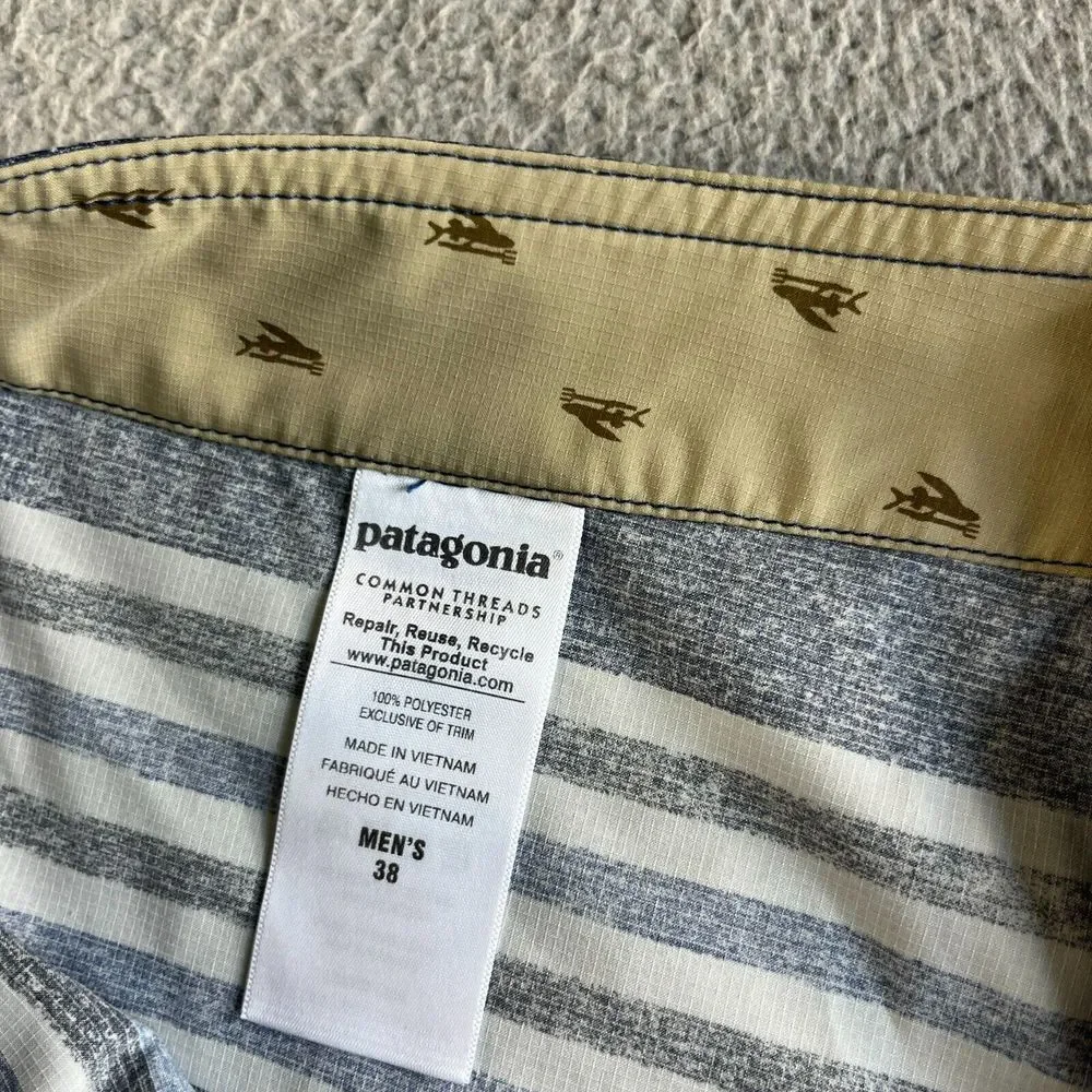 NEW Patagonia Board Shorts Mens Blue 38 Striped Swim Trunks Hybrid Outdoor Beach